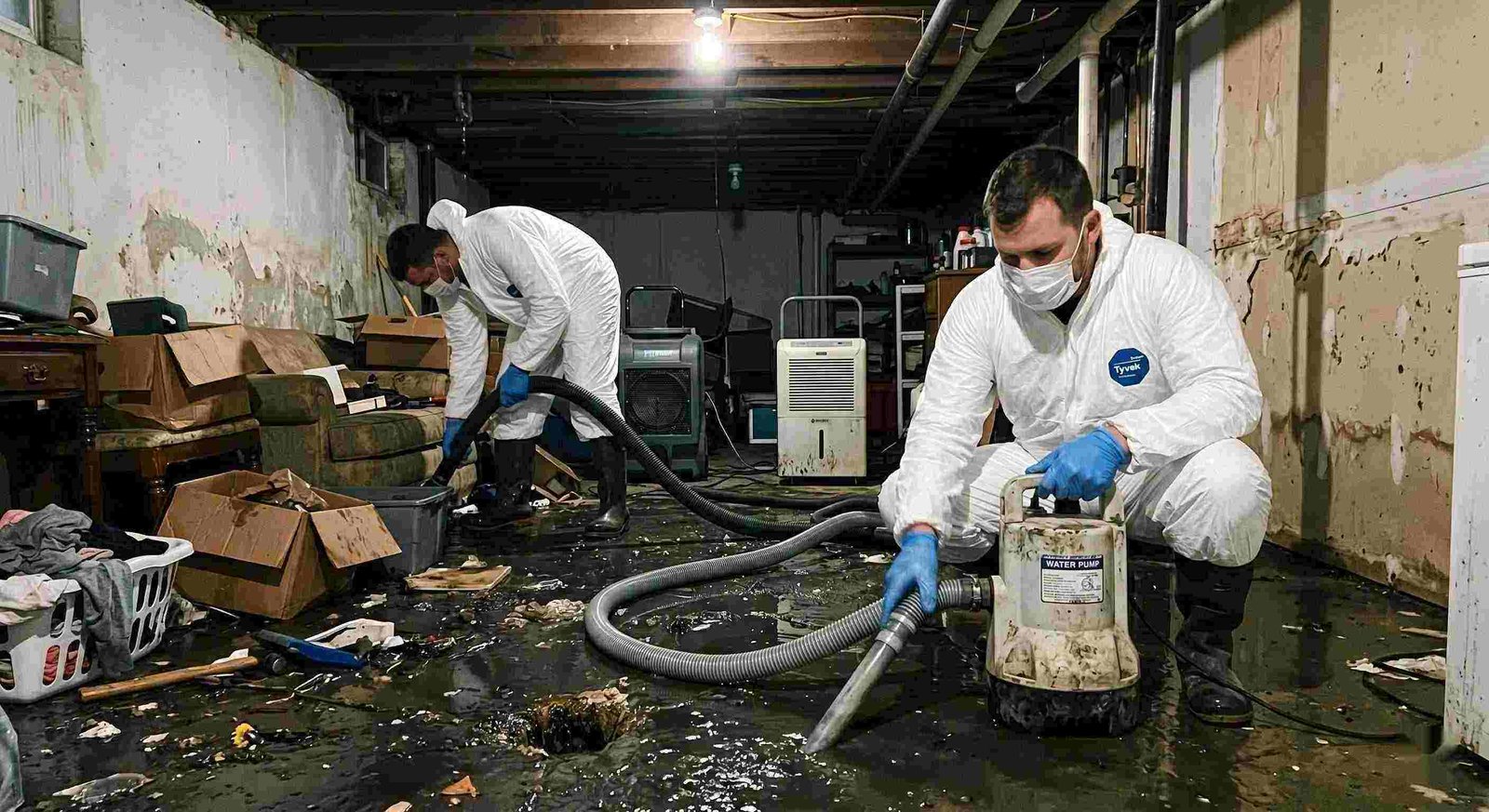 sewer backup cleanup technicians removing contaminated water from flooded basement in Round Rock
