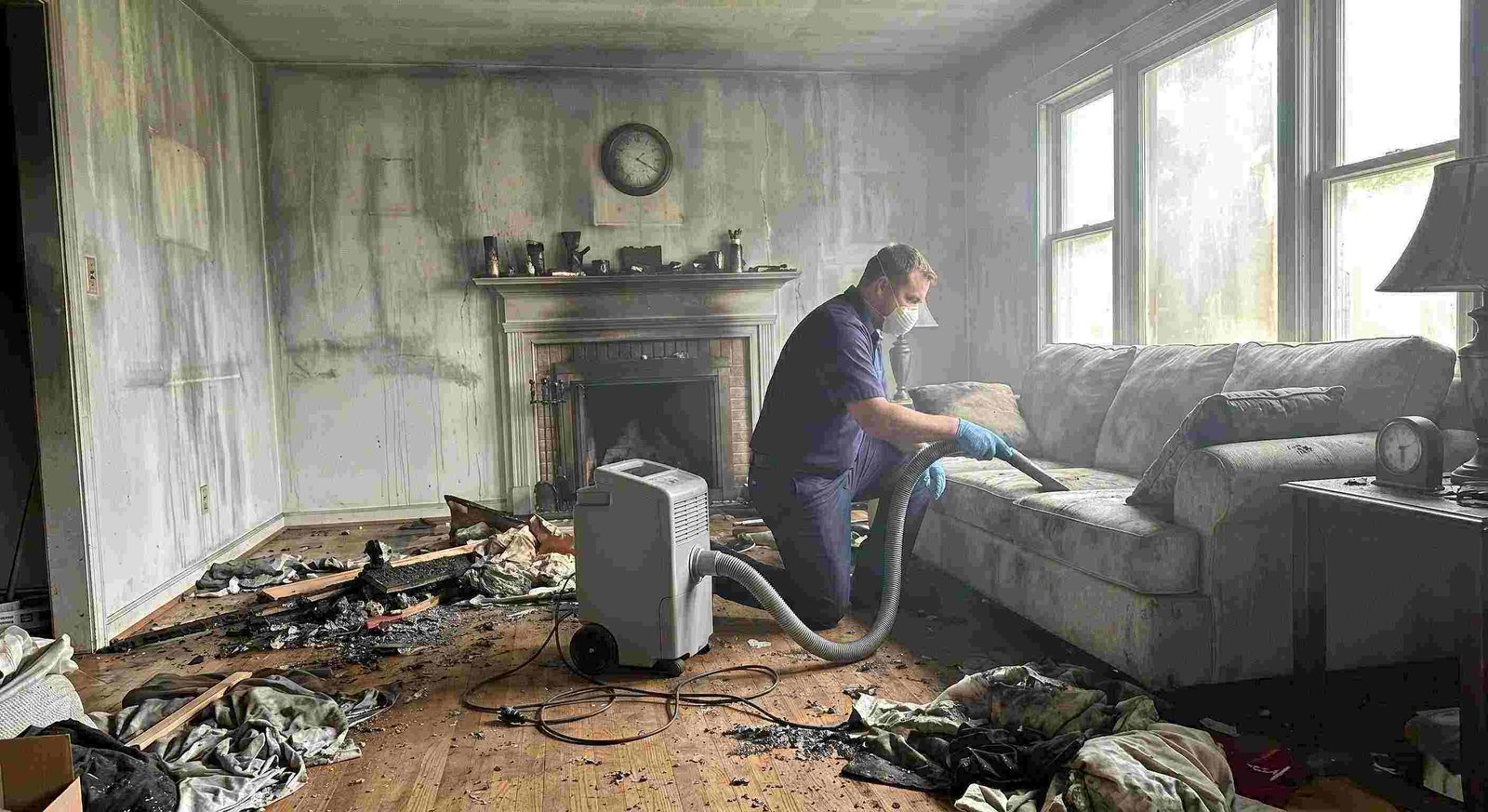 Realistic post-fire smoke damage removal in a home with soot-covered walls and debris being cleaned by a technician in Round Rock.