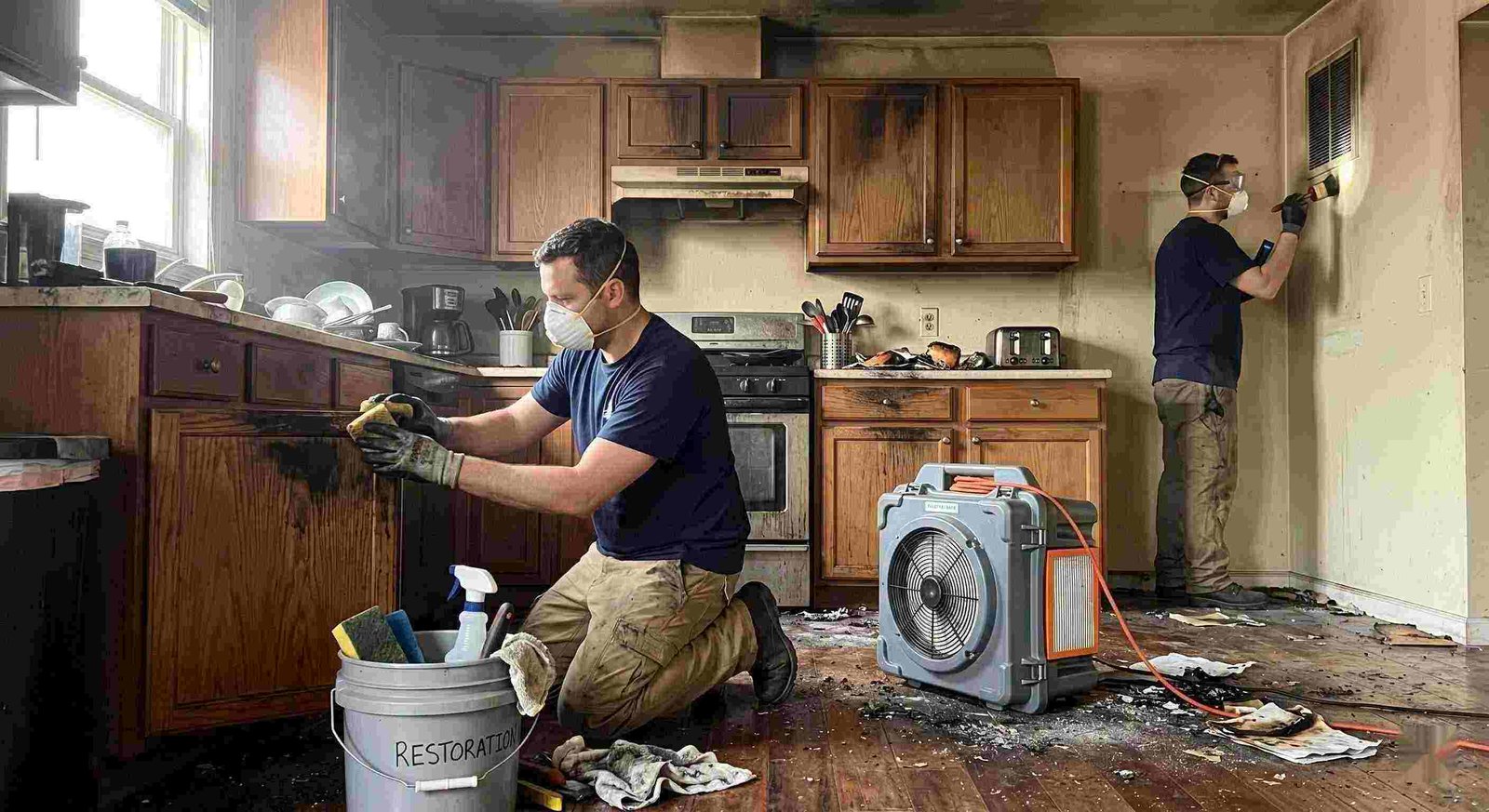 Technicians performing smoke damage removal in a home in Round Rock after a kitchen fire, cleaning soot and restoring indoor air quality.