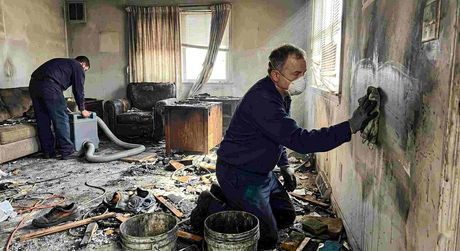 Technician performing soot removal in a fire-damaged home in Round Rock, carefully cleaning walls and surfaces covered in smoke residue and ash