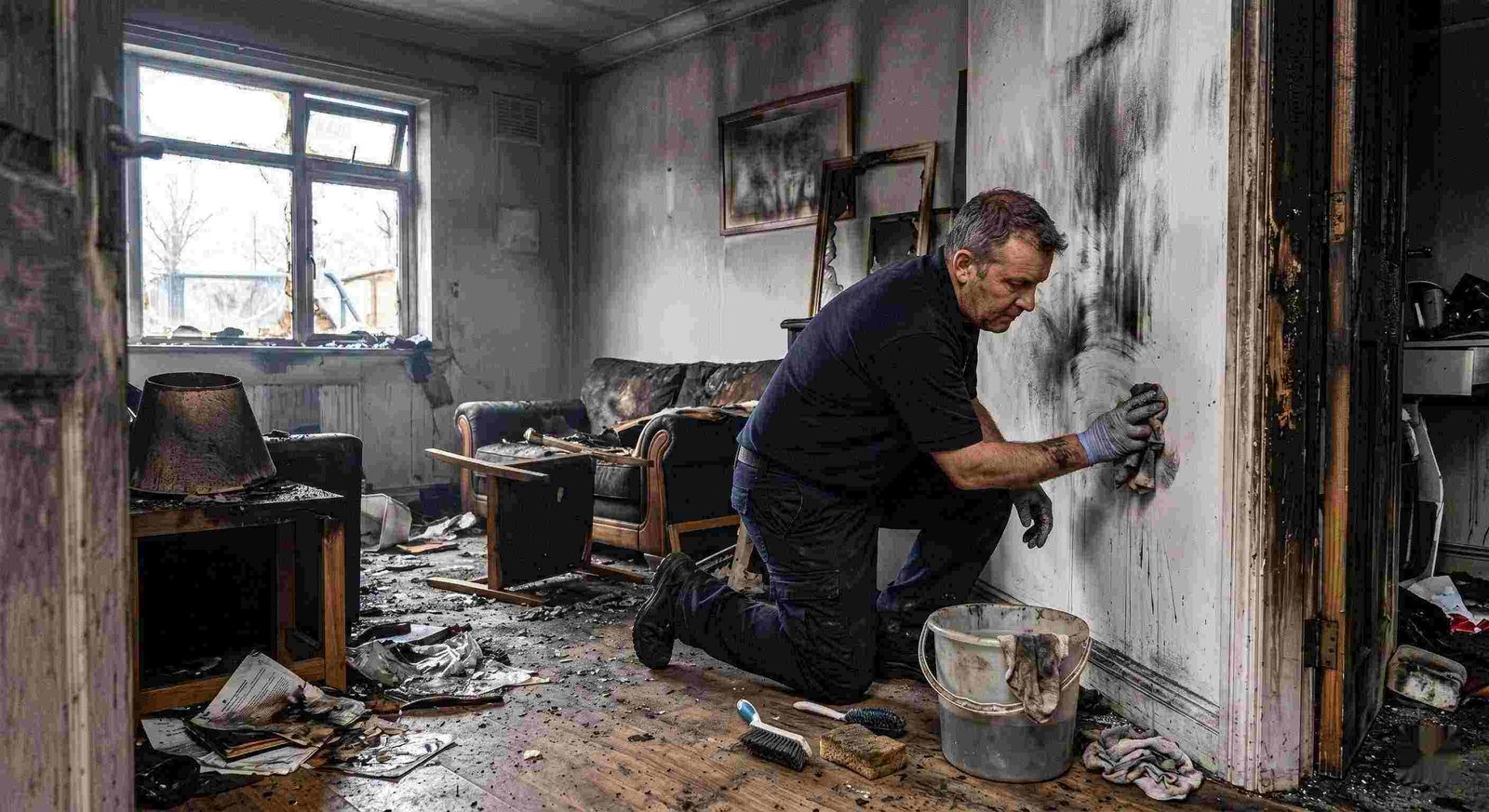Technician performing soot removal in a fire-damaged home in Round Rock, restoring smoke-damaged walls and surfaces.
