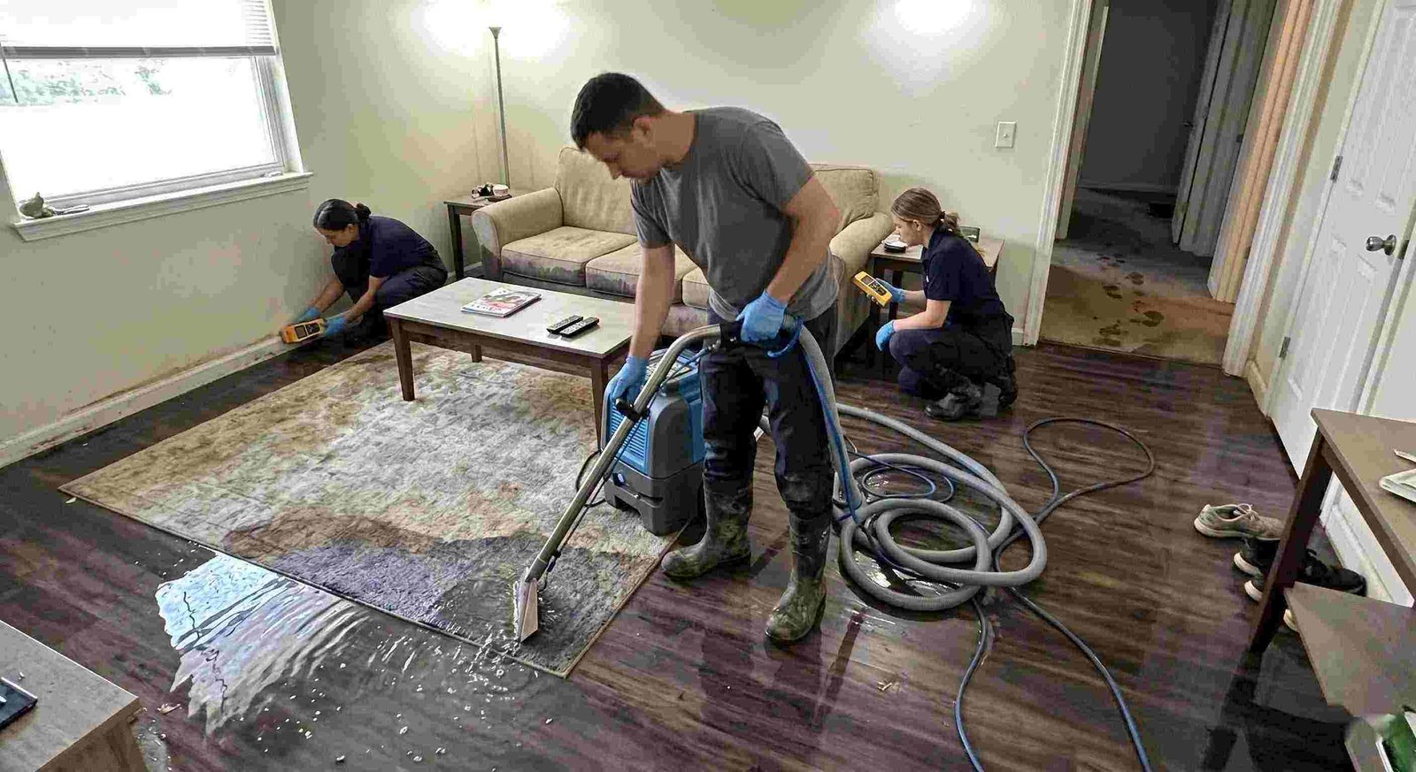 Standing water extraction service removing pooled water inside a home in Round Rock