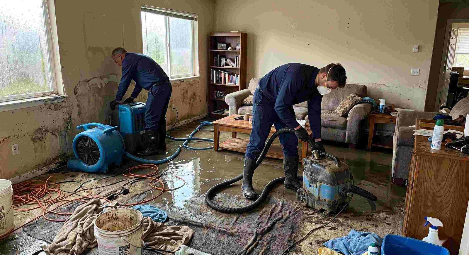 Storm water damage cleanup in a residential home showing technicians removing standing water and setting up drying equipment in Round Rock.