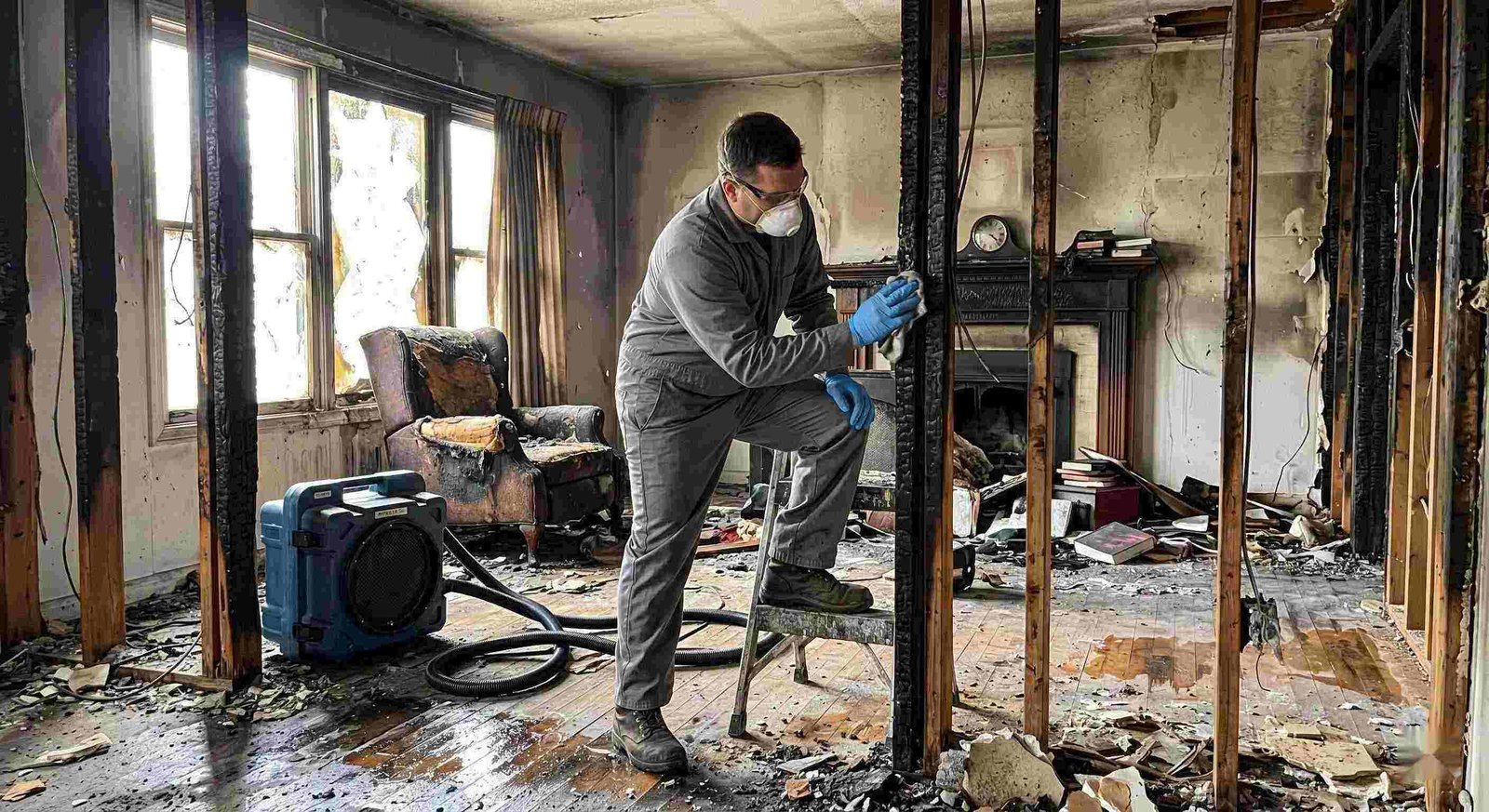 Fire damage structural cleaning after a residential fire in Round Rock showing soot-covered beams, charred walls, and a technician restoring the home.