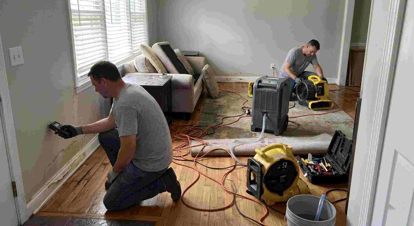 structural drying and dehumidification equipment removing moisture inside a water damaged home in Round Rock