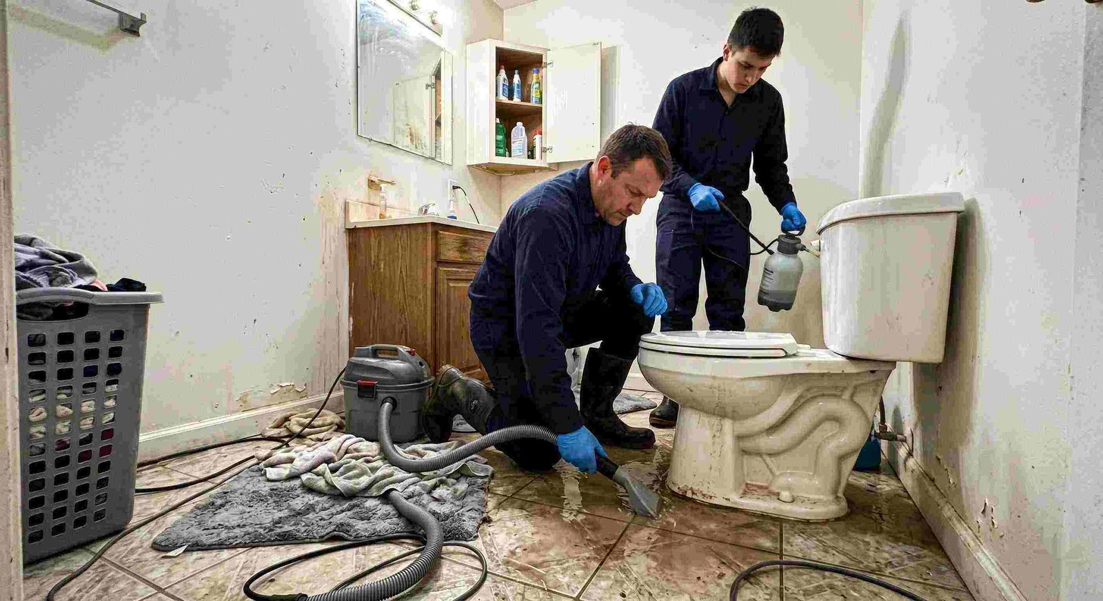 toilet overflow cleanup service in Round Rock with technicians extracting contaminated water from bathroom floor