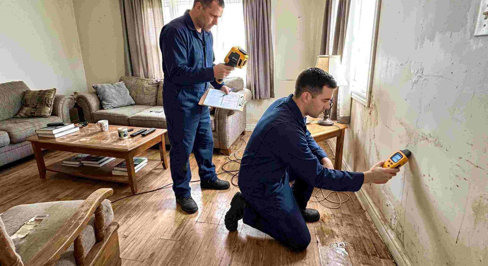 Top-rated water damage inspection technician using moisture meter and thermal imaging in Georgetown home