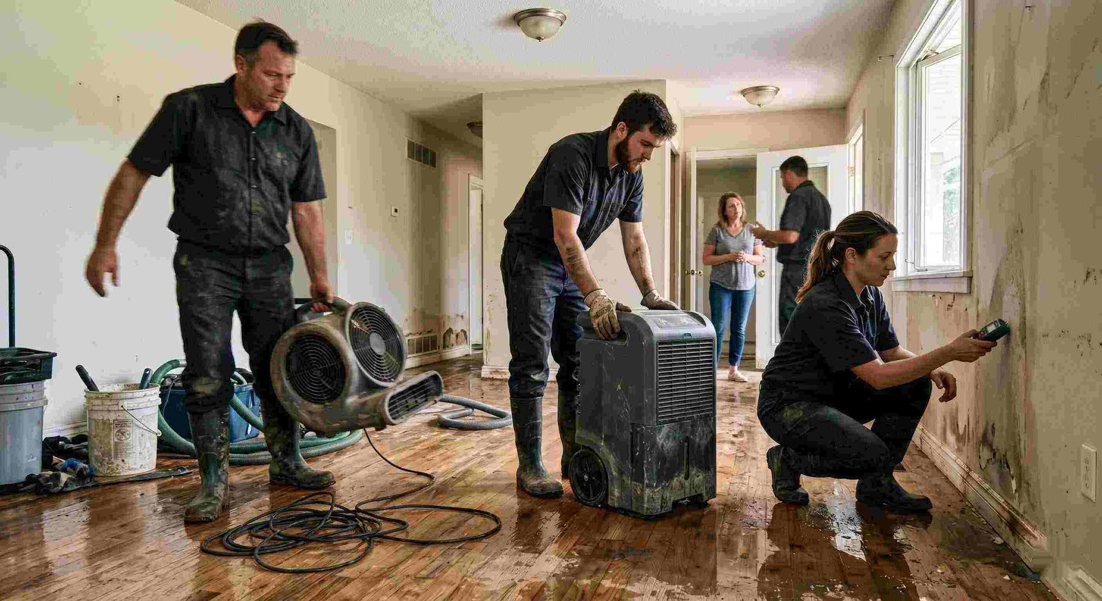 Local trusted water damage restoration team in Georgetown using professional equipment for drying and inspection