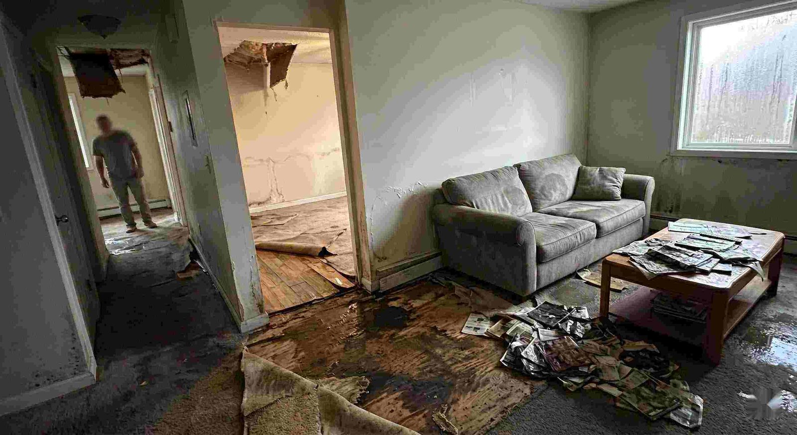 Professional severe indoor water damage in Georgetown home with soaked floors, peeling walls, and structural deterioration