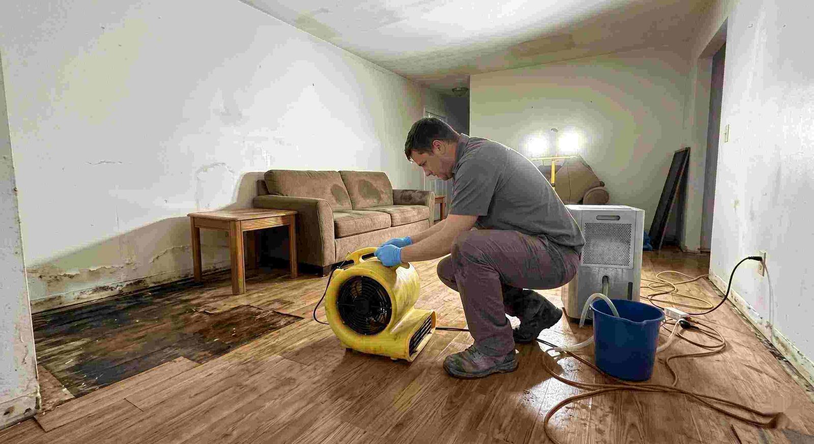 Reliable water damage restoration technician drying wet floors with equipment during cleanup process in Georgetown