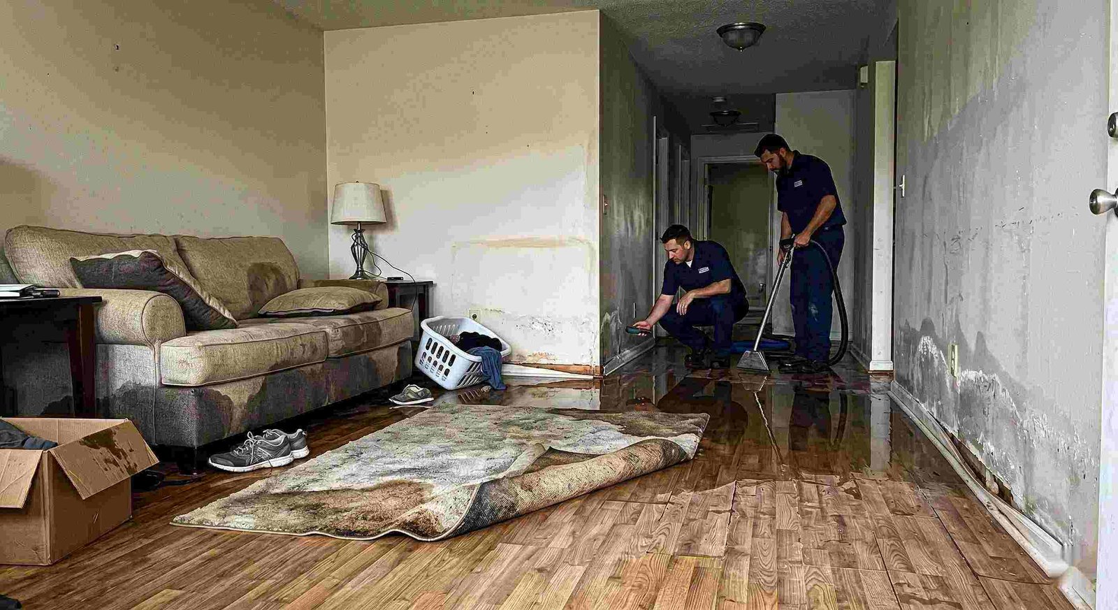 water damage spreading across floors and walls inside a home in Round Rock showing soaked flooring and structural impact