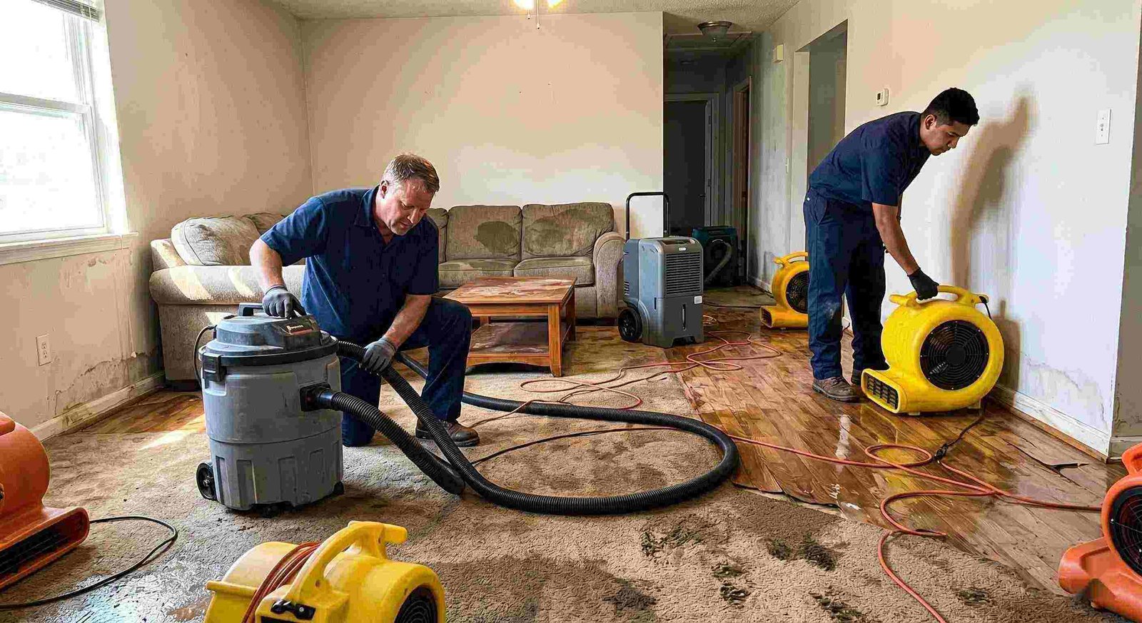 Fast water extraction and drying service in Georgetown removing standing water and moisture from flooded home interior