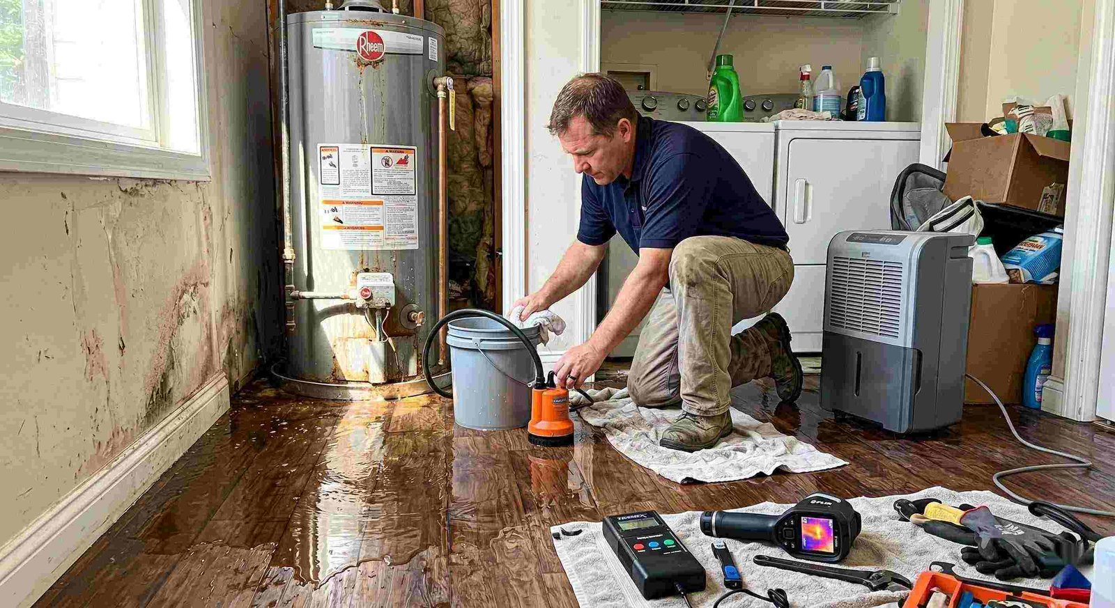 Technician performing water heater leak damage restoration in a home with water pooled on the floor and visible moisture damage in Round Rock