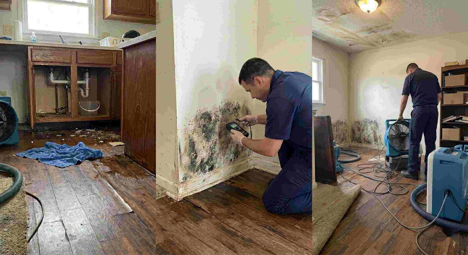 Realistic photo of water leak damage inside a home, showing pooled water, damp flooring, and technicians performing leak damage restoration in Round Rock.
