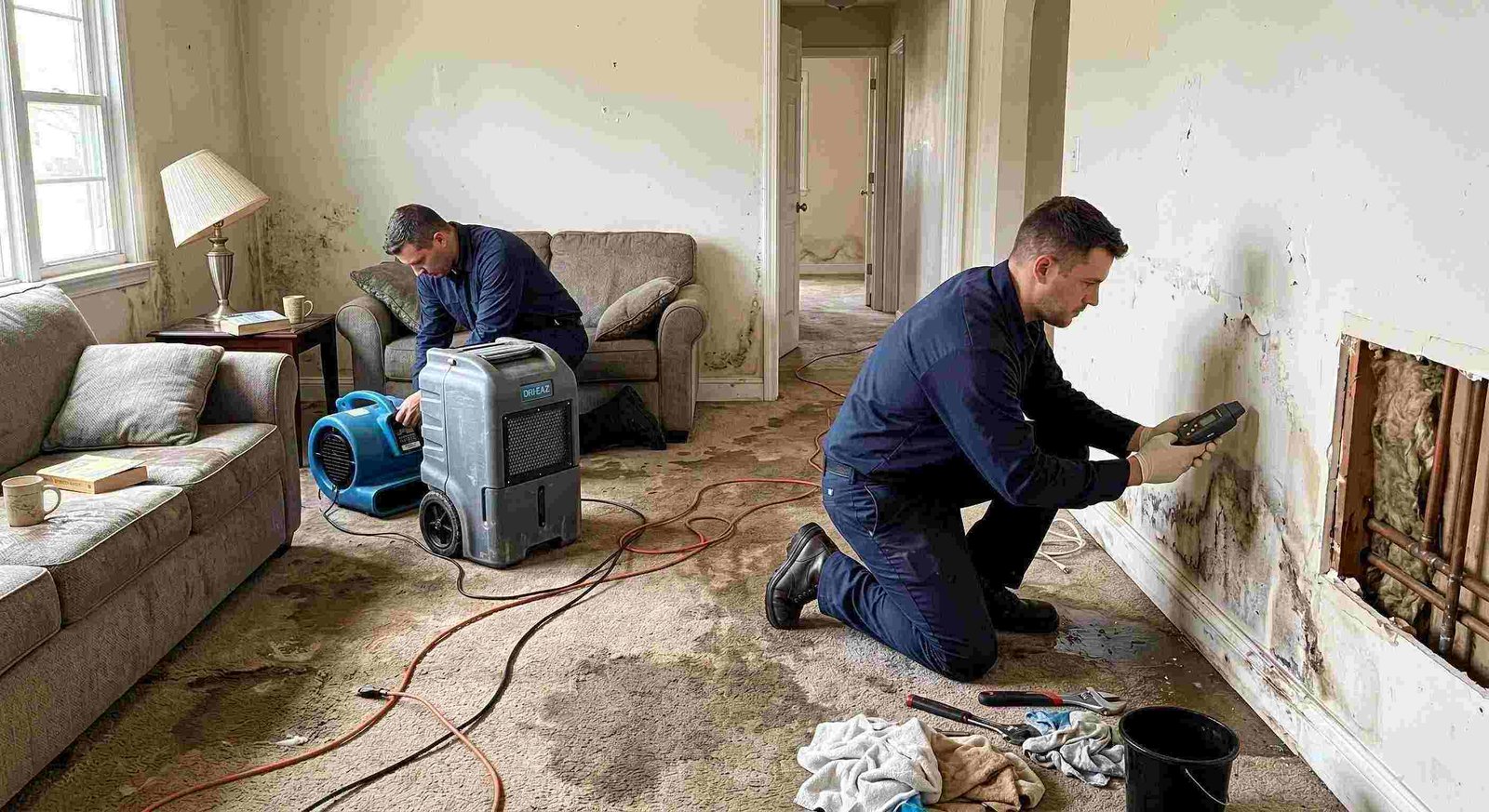 Realistic water leak damage repair scene in a residential home showing technicians locating and repairing a hidden pipe leak in Round Rock.