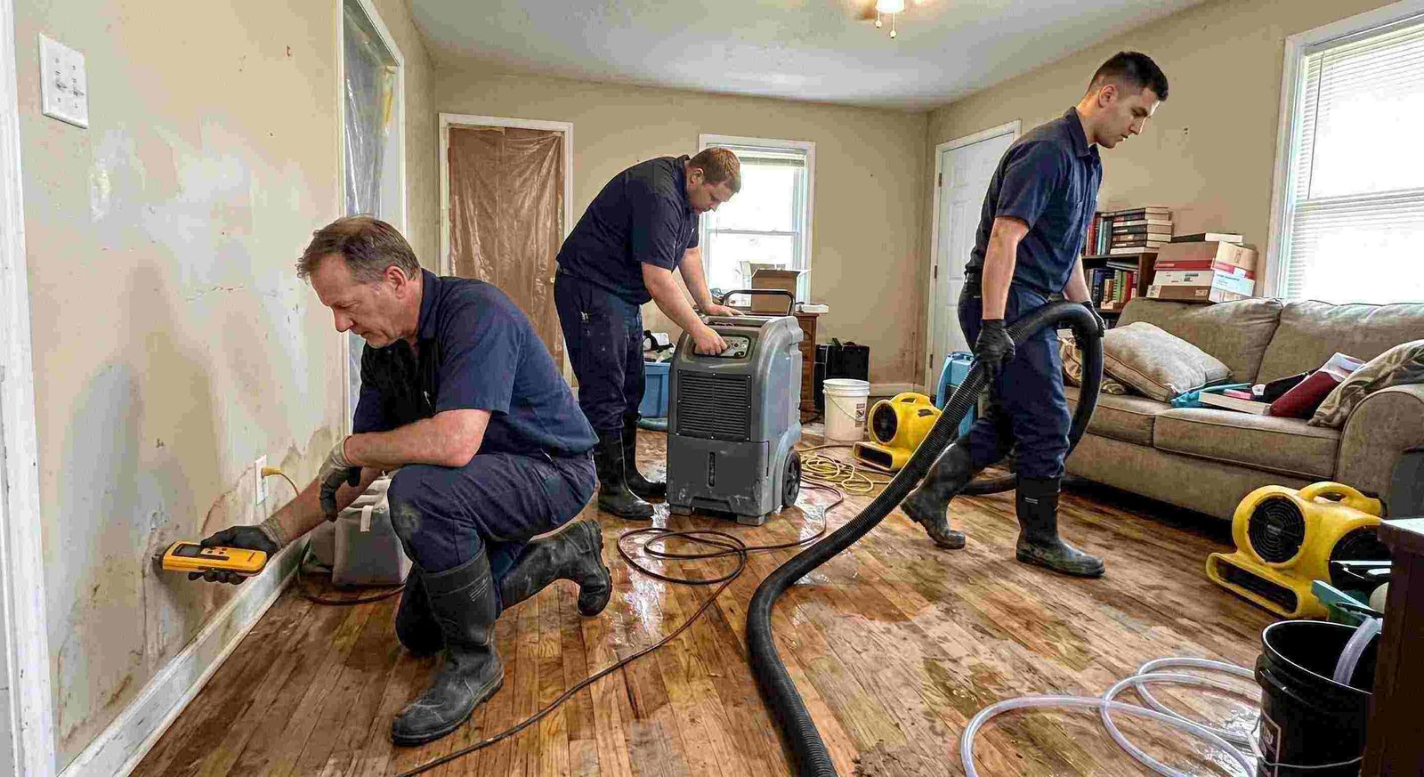water restoration experts team using professional equipment during water extraction in Round Rock