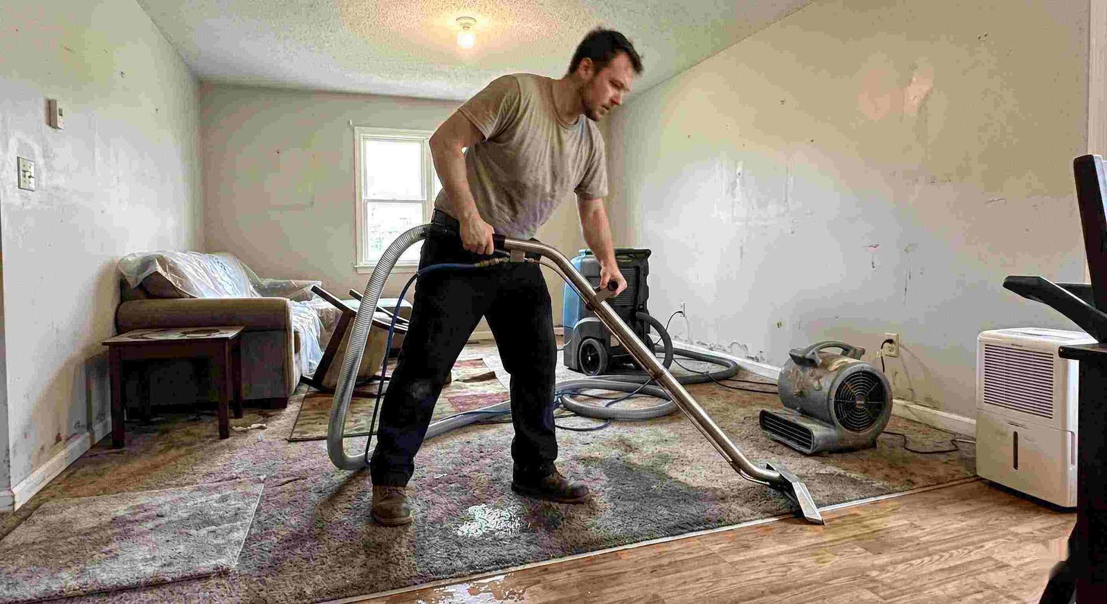 Water extraction technician removing water during restoration process in a residential home in Round Rock