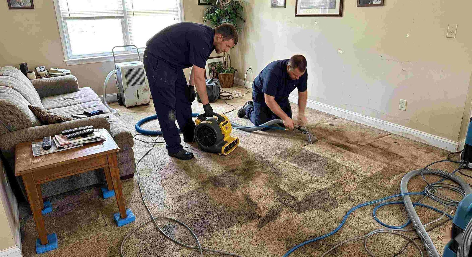 wet carpet cleanup service in Round Rock removing moisture from soaked residential carpet using extraction and drying equipment