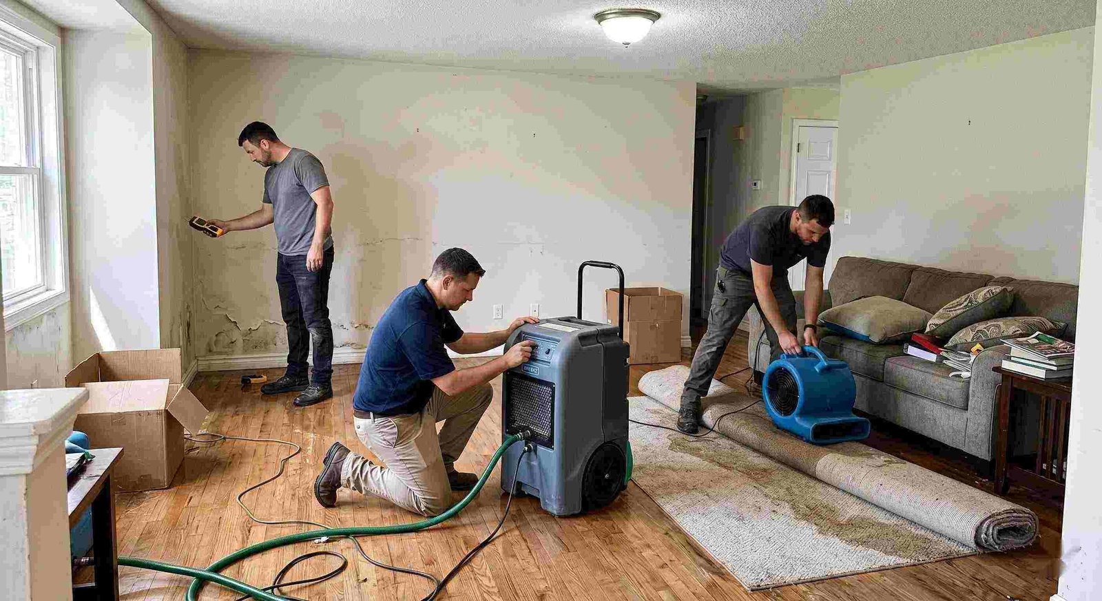Local flood restoration team working in a water-damaged home, showing equipment and hands-on cleanup process in Round Rock