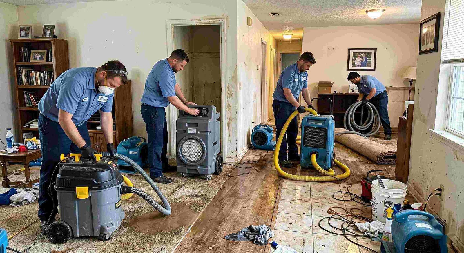 Realistic photo of sewage backup cleanup team using professional equipment in a home interior, showing trust, teamwork, and proper restoration techniques in Round Rock.